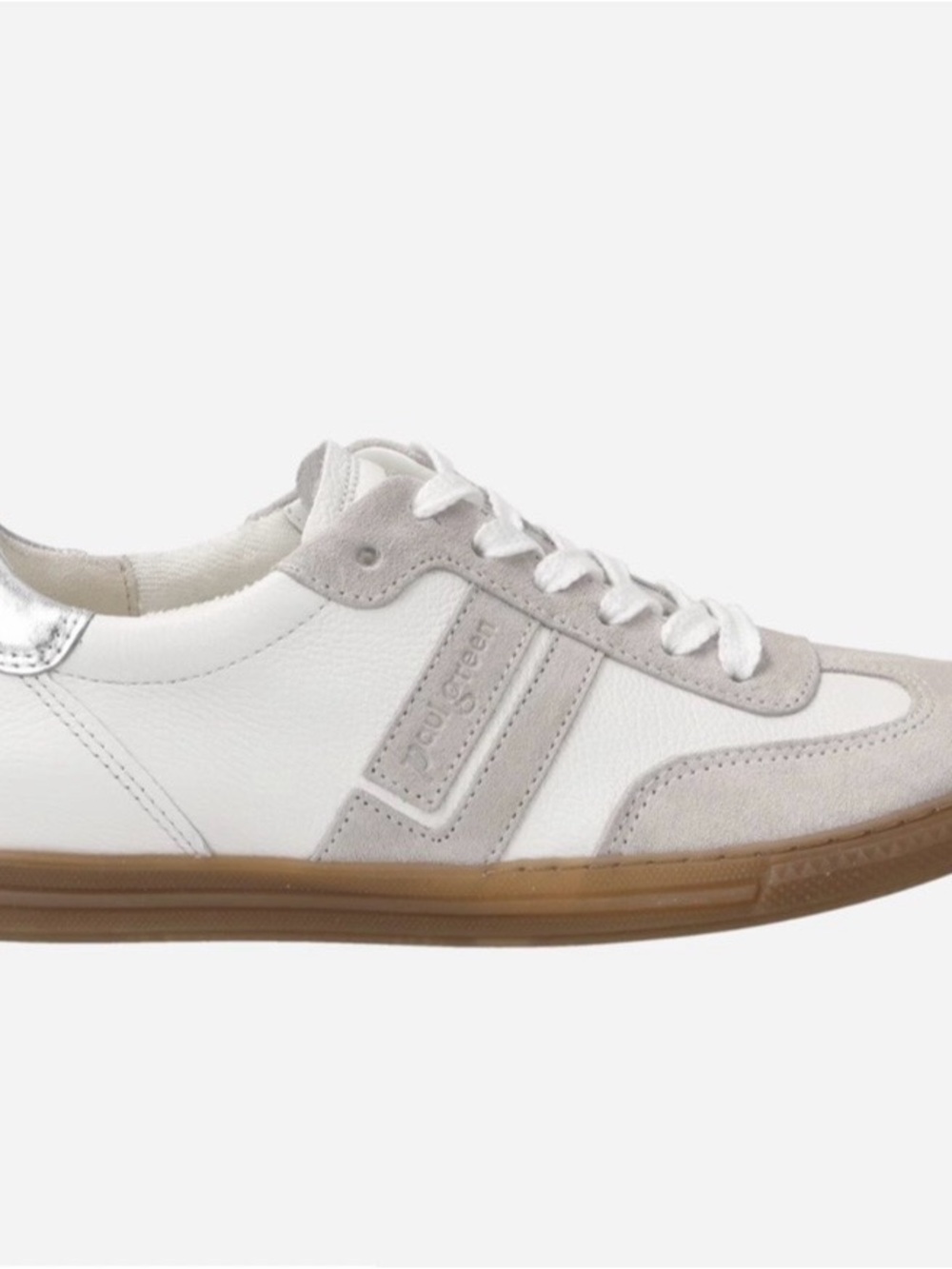 Paul Green White and Light Gray Leather Sneaker with Silver Heel Trim & Gum Sole